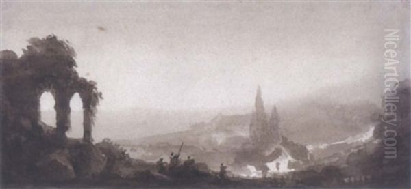 Ruines Antiques Dans Un Paysage Imaginaire Oil Painting by Louis Jacques Mande Daguerre