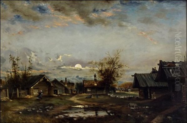 Kylanakyma Kuunvalossa - Manbelyst Vy Oil Painting by Carl Dahl