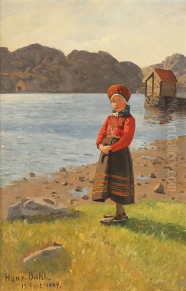 Marte Fra Vaage - Liden Strilejente Fra Vaage I Fjed Oil Painting by Hans Dahl