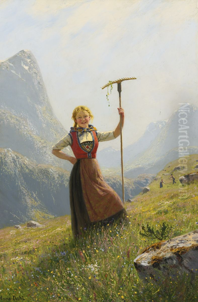 Peasant Girl With A Rake Oil Painting by Hans Dahl