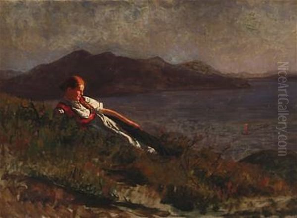 Young Norwegian Girl Lying In The Sunset On The Slopes Of A Fjord Oil Painting by Hans Dahl