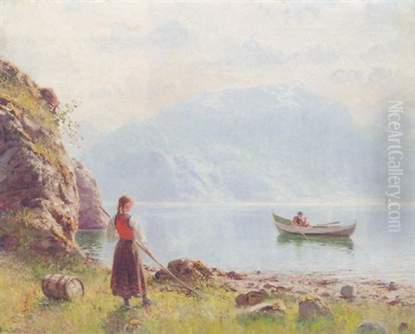 A Girl Beside A Fjord In A Summer Landscape Oil Painting by Hans Dahl