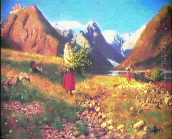 Fjordlandskap Med Ung Kvinna Samlande Bjorkris Oil Painting by Hans Dahl