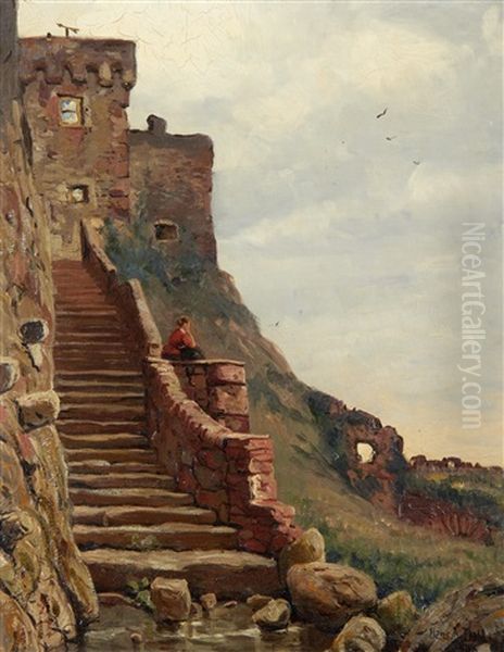 Staircase, In Mont Orgieul Castle In The Island Of Jersey Oil Painting by Hans Andreas Dahl