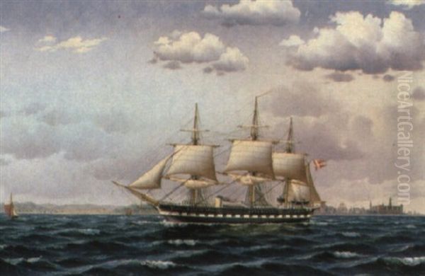 Marine Med Tremastet Sejlskib I Oresund, I Baggrunden Kronberg Oil Painting by I. Dahl