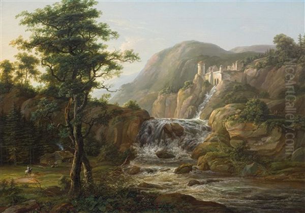 Gebirgslandschaft Mit Wasserfall, Burganlage Und Reisendem Zu Pferd Vor Einer Hutte Oil Painting by Johan Wilhelm Ludwig Dahl
