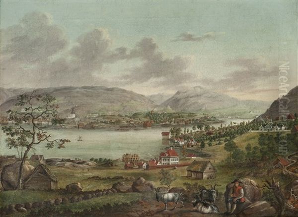 Bergen Sett Fra Laksevag Oil Painting by Johan Wilhelm Ludwig Dahl