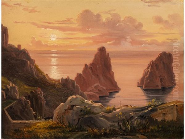 Abendlicher Blick Uber Die Faraglioni Felsen Von Capri Oil Painting by Johan Wilhelm Ludwig Dahl