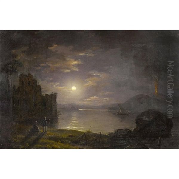 Nachtlicher Strand Bei Posillipo Mit Vesuv Im Mondschein Oil Painting by Johan Wilhelm Ludwig Dahl