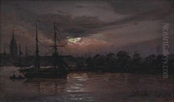 Oder Naer Swinemunde I Maneskinn Oil Painting by Johan Wilhelm Ludwig Dahl