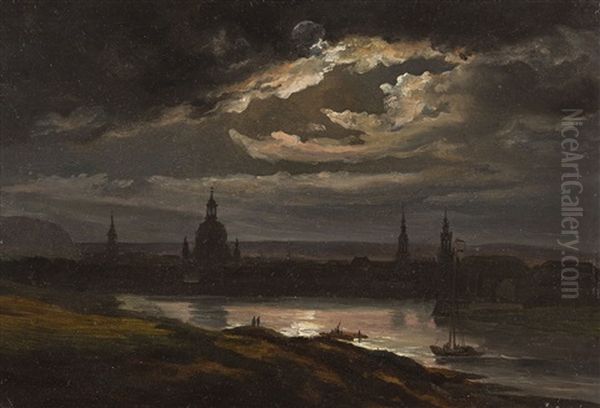 Blick Uber Die Elbe Auf Das Nachtliche Dresden Oil Painting by Johan Wilhelm Ludwig Dahl