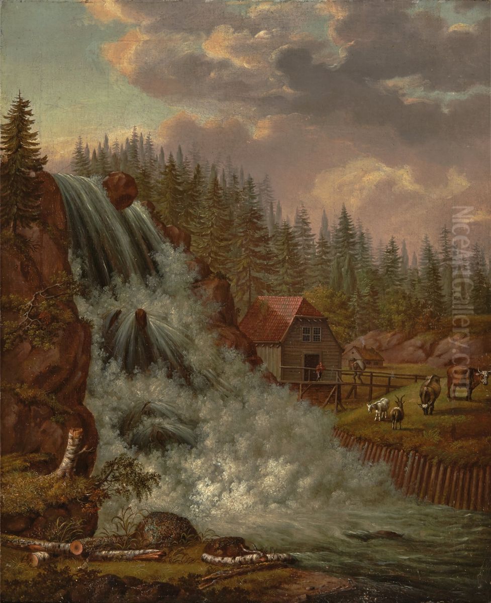 Norsk Landskap, Rogna Vannfall Oil Painting by Johan Wilhelm Ludwig Dahl