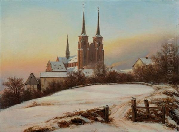 Winterliche Ansicht Der Kathedrale Von Roskilde Oil Painting by Johan Wilhelm Ludwig Dahl