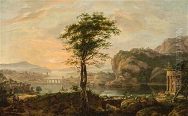 Sydlandsk Landskap Med Rundt Tempel Oil Painting by Johan Wilhelm Ludwig Dahl