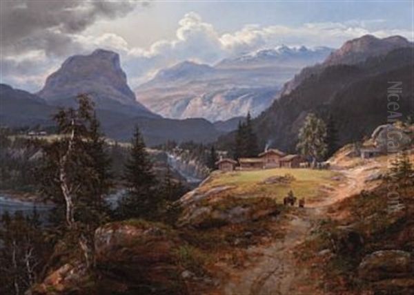 Utsyn Over Oylo Gard I Valdres Oil Painting by Johan Wilhelm Ludwig Dahl