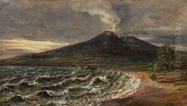 View Of Vesuvius From The Coast Of Castellammare Oil Painting by Johan Wilhelm Ludwig Dahl