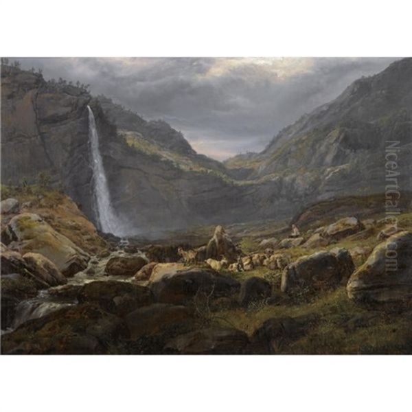 Utsyn Fra Feigumfossen I Lysterfjorden (view Of The Feigumfoss In Lysterfjord) Oil Painting by Johan Wilhelm Ludwig Dahl