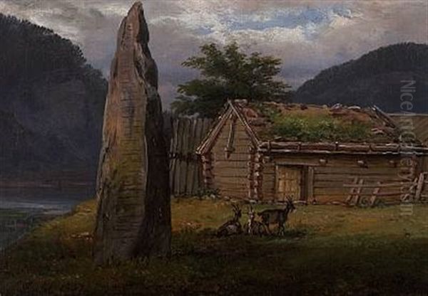 Fjordlandskap Med Bauta Oil Painting by Johan Wilhelm Ludwig Dahl