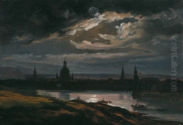 Uber Die Elbe Auf Das Nachtliche Dresden Oil Painting by Johan Wilhelm Ludwig Dahl