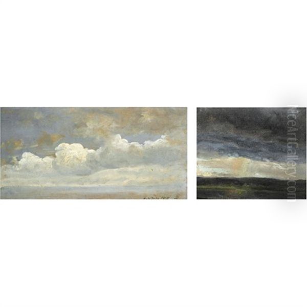 Skystudie-cloud Study (+ Skystudie Og Landskap-cloud Study And Landscape, Smllr; 2 Works) Oil Painting by Johan Wilhelm Ludwig Dahl