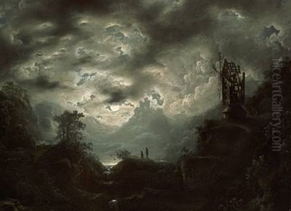 Moonlight On A Rocky Coast With Fishermen And An Old Mill Oil Painting by Johan Wilhelm Ludwig Dahl