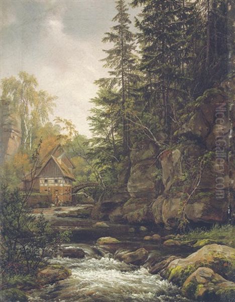 Die Lochmuhle In Der Sachsischen Schweiz Oil Painting by Johan Wilhelm Ludwig Dahl