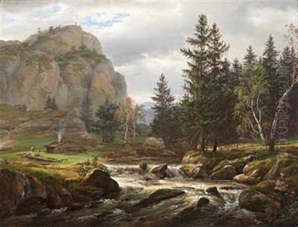 Nordisk Landskap Med Elv Oil Painting by Johan Wilhelm Ludwig Dahl