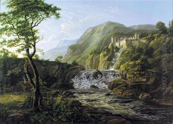 Fjell Landskap Med Slott (mountain Landscape With A Castle) Oil Painting by Johan Wilhelm Ludwig Dahl