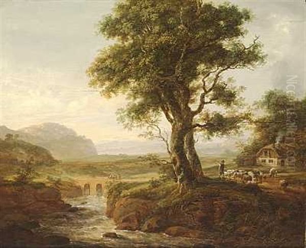 Landskab Med Et Stort Trae Ved En Flod Oil Painting by Johan Wilhelm Ludwig Dahl