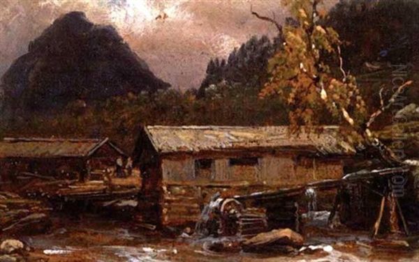 Landskap Med Sagbruk Oil Painting by Johan Wilhelm Ludwig Dahl