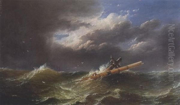Schiffbruch: Ein Junger Mann Klammert Sich Bei Sturmischer See An Den Aus Den Wogen Ragenden Mast Oil Painting by Johan Wilhelm Ludwig Dahl