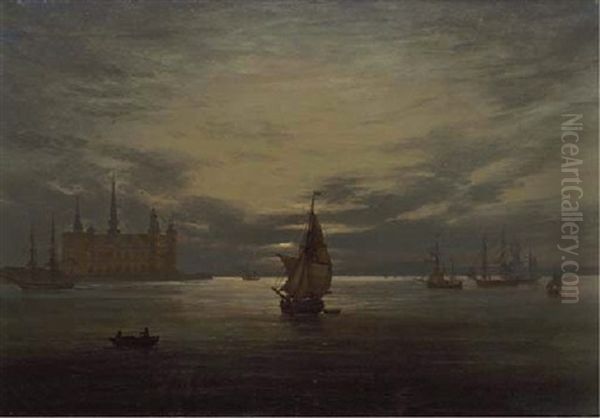Kronborg Castle By Moonlight Oil Painting by Johan Wilhelm Ludwig Dahl