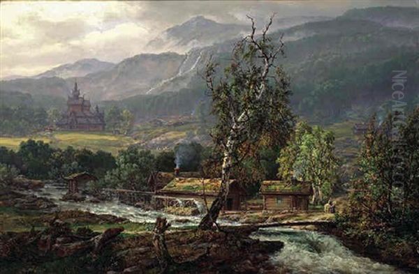 Kaupanger Med Vang Kirke Oil Painting by Johan Wilhelm Ludwig Dahl