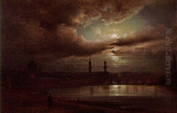 A View Of Dresden By Moonlight Oil Painting by Johan Wilhelm Ludwig Dahl