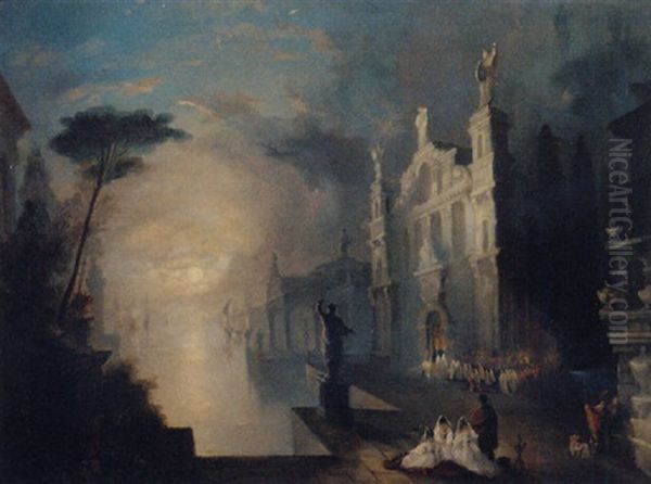A Procession Befoe A Baroque Church In A Moonlit Harbour, A Capriccio Oil Painting by Johan Wilhelm Ludwig Dahl