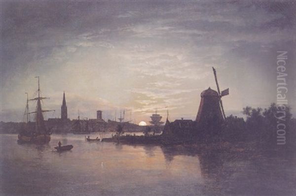 The Oder Near Svinemunde, Moonlight Oil Painting by Johan Wilhelm Ludwig Dahl