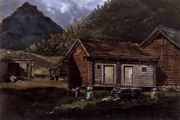 Bauernhutten Bei Ytre Kroken In Sogn Oil Painting by Johan Wilhelm Ludwig Dahl