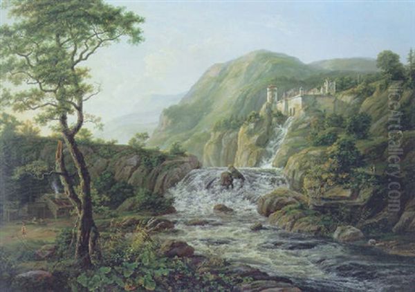 Et Bjergslot Ved Et Vandfald I En Nordisk Egn Oil Painting by Johan Wilhelm Ludwig Dahl
