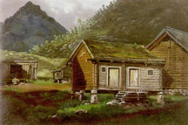Bauernhutten Im Gebirgstal Oil Painting by Johan Wilhelm Ludwig Dahl