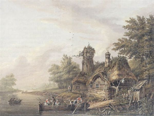 Hollandsk Flodlandskab Med Bade, Der Laegger Til Ved Et Strataekt Hus Oil Painting by Johan Wilhelm Ludwig Dahl