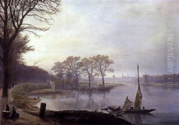 Prospekt Af Dresden Set Fra Pieschen. Morgendis Oil Painting by Johan Wilhelm Ludwig Dahl