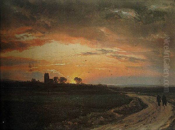 Landscape Near Lippe At Sunset Oil Painting by Johan Wilhelm Ludwig Dahl