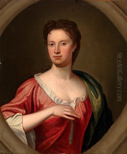 Portrait Of A Lady, In A Red Dress With A Green Wrap On Her Left Shoulder, In A Sculpted Cartouche Oil Painting by Michael Dahl