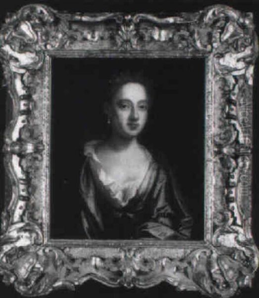 Portrait Of A Lady, Bust Length, In A Brown Dress And Blue Wrap Oil Painting by Michael Dahl