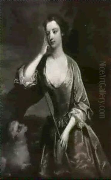 Portrait Of A Lady As A Shepherdess, Three-quarter          Length, Leaning Against A Treein A Landscape Oil Painting by Michael Dahl