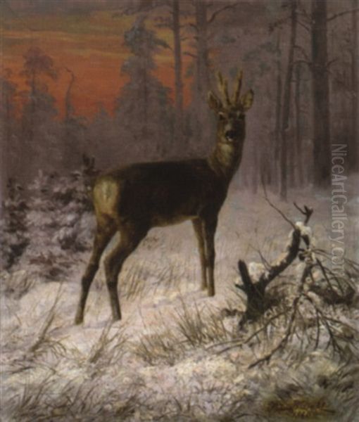 Rehbock In Winterlicher Waldlandschaft Oil Painting by Siegwald Johannes Dahl