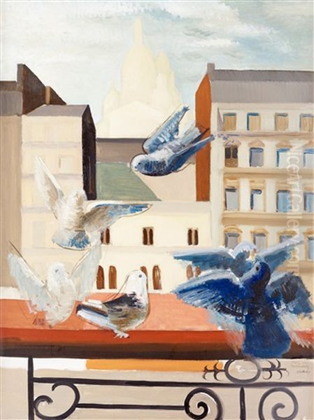 Duvor Pa Balkong Oil Painting by Ewald Albin Filip Dahlskog