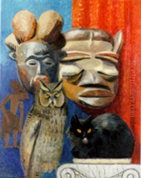 Stilleben Masker Och Djur Oil Painting by Ewald Albin Filip Dahlskog