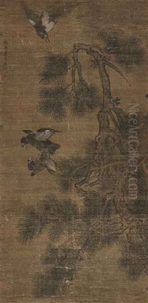 Birds And Pine Tree Oil Painting by Dai Jin