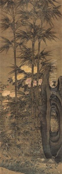 Bamboo, Chrysanthmum And Rocks Oil Painting by Dai Jin